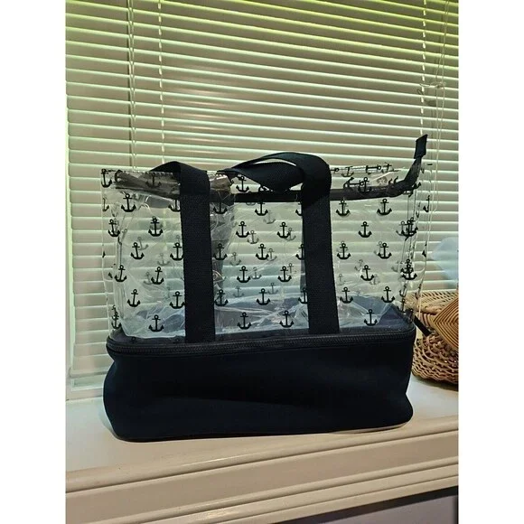 Nautical Anchors Navy Blue Tote with Elevated Zip Bottom Cooler NWTs - Picture 1 of 6